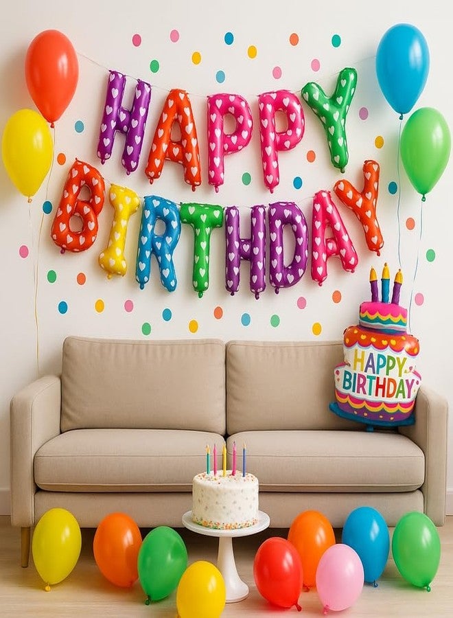 SHANYA Decorative Polka-Heart Happy Birthday Foil Balloon Banner with Colorful Lettering Designed for Cheerful Birthday Scenes, Photo Areas, and Party Setups - Image 1